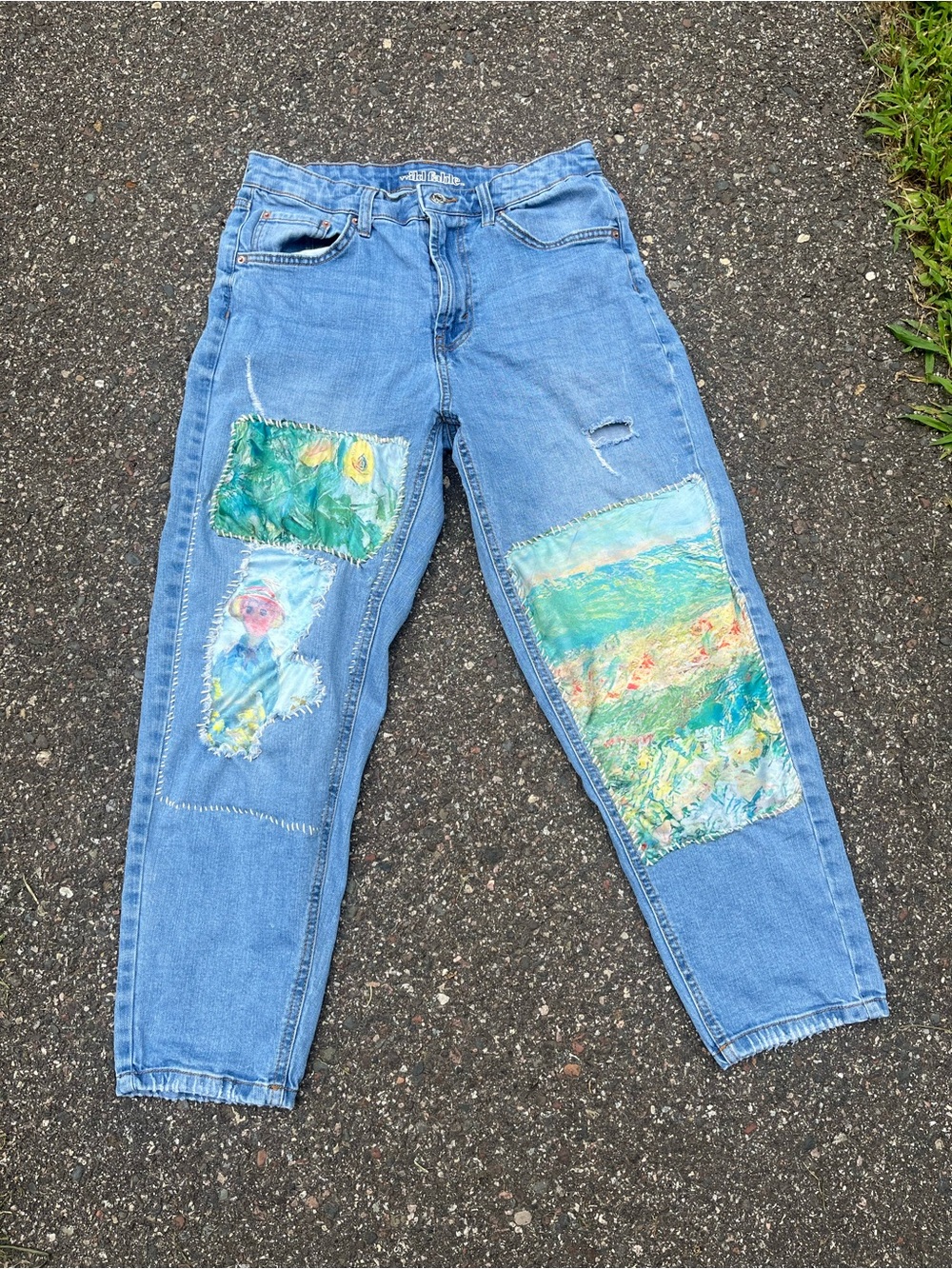 OOAK reworkedwild fable Light Blue Patchwork Boyfriend Jeans wearable art